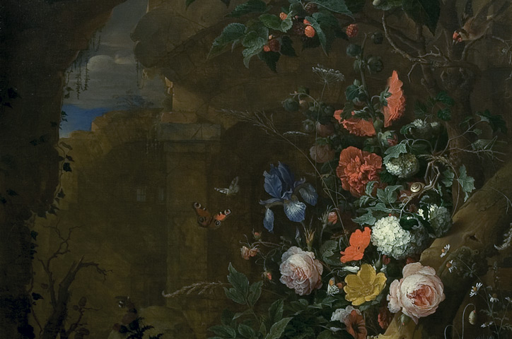 Abraham Mignon, Flori intr-o grota – pictura de flori, natura statica, realism si simbolism crestin, clar-obscur, Jan Davidsz de Heem, scoala de la Utrecht.